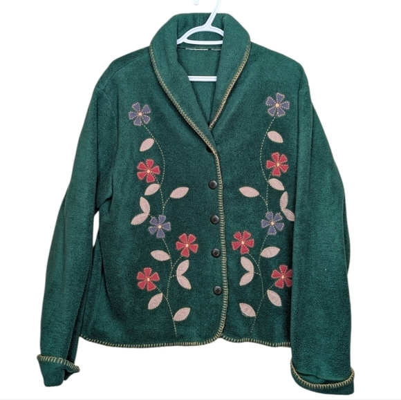 Vintage Sweaters - Vintage Floral Embroidered Green Fleece Button Down Cardigan Sweater Jacket L-XL